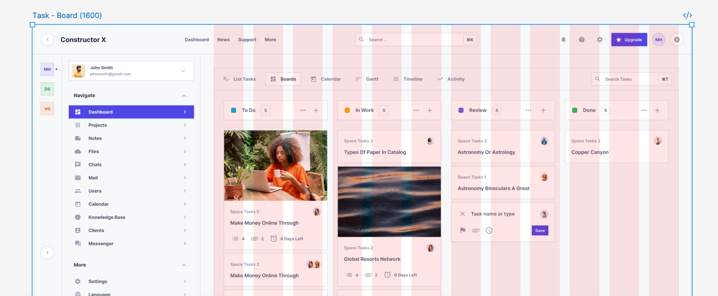 Desain dashboard 'Task Board' (Constructor X — kolom kanban To Do / In Work / Review / Done) dibuka di canvas Figma, mewakili file Figma sumber.