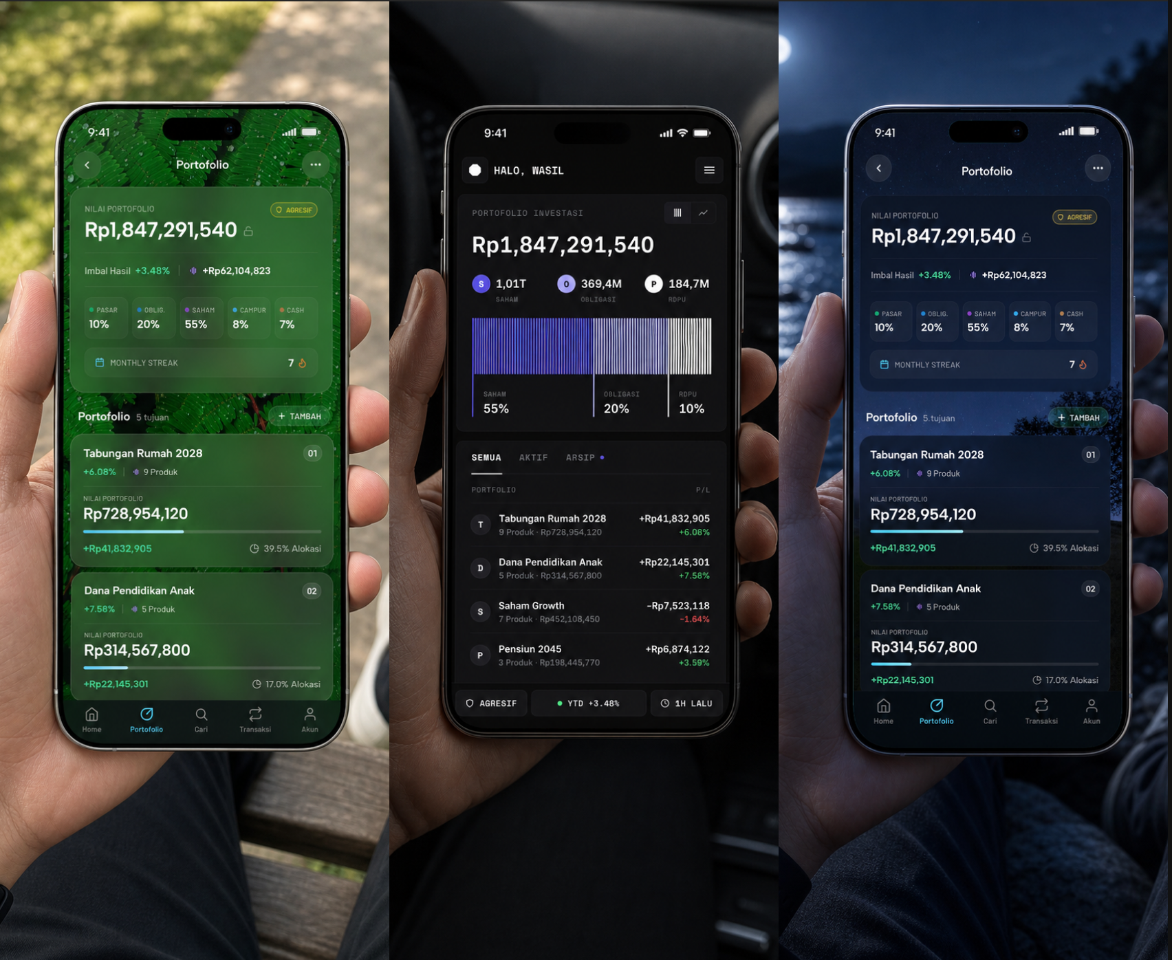 Tiga mockup HP berjejer menampilkan aplikasi finance yang sama dalam tiga tema berbeda — hijau, gelap, dan malam — hasil eksplorasi varian UI dengan AI-assisted design.