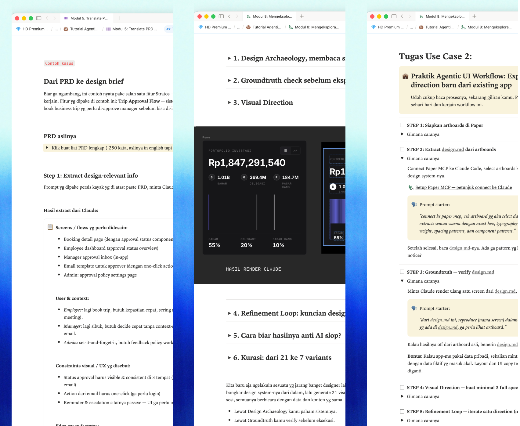 Tiga halaman Notion dari isi buku — contoh kasus 'Dari PRD ke design brief', hasil render Claude, dan tugas latihan di akhir tiap studi kasus.